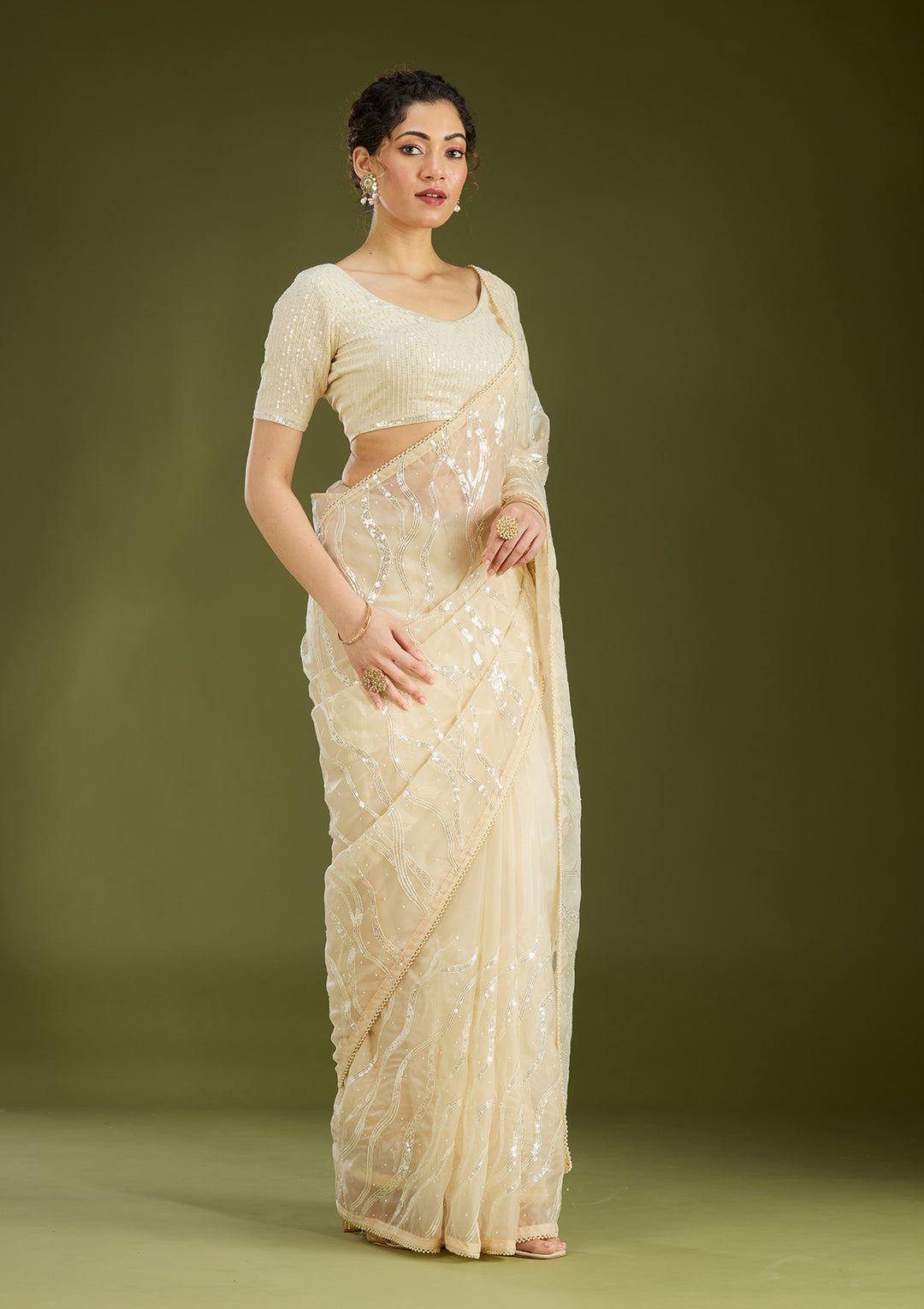 Beige Pearlwork Organza Saree
