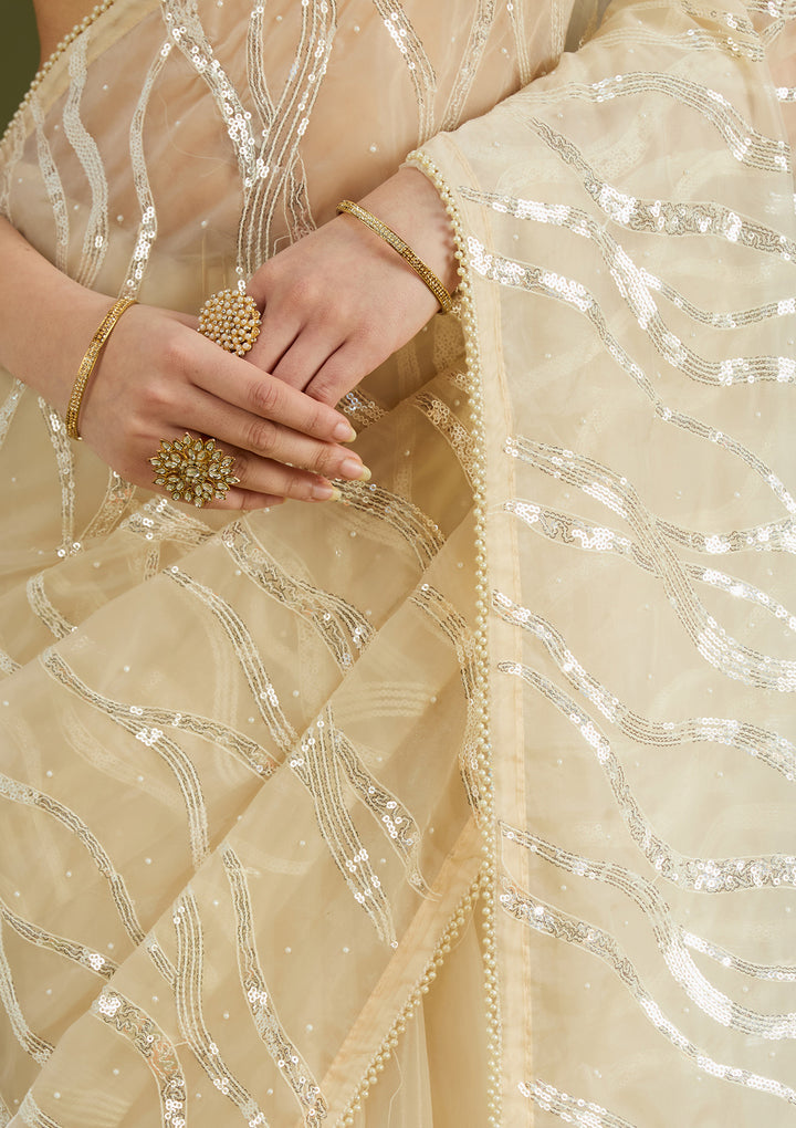 Beige Pearlwork Organza Saree