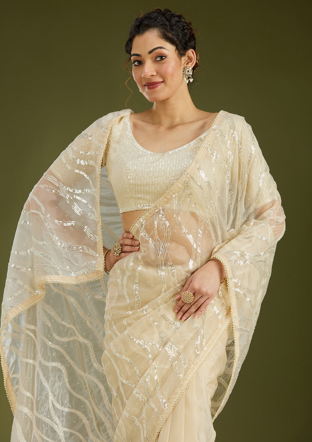 Beige Pearlwork Organza Saree