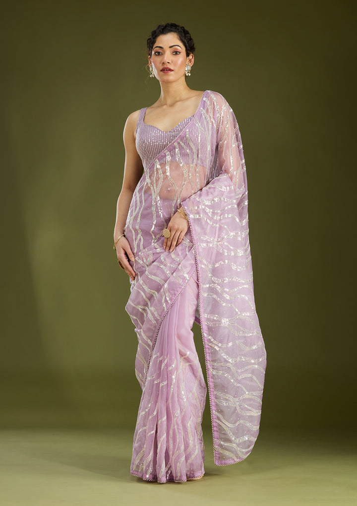 Lavender Pearlwork Organza Saree