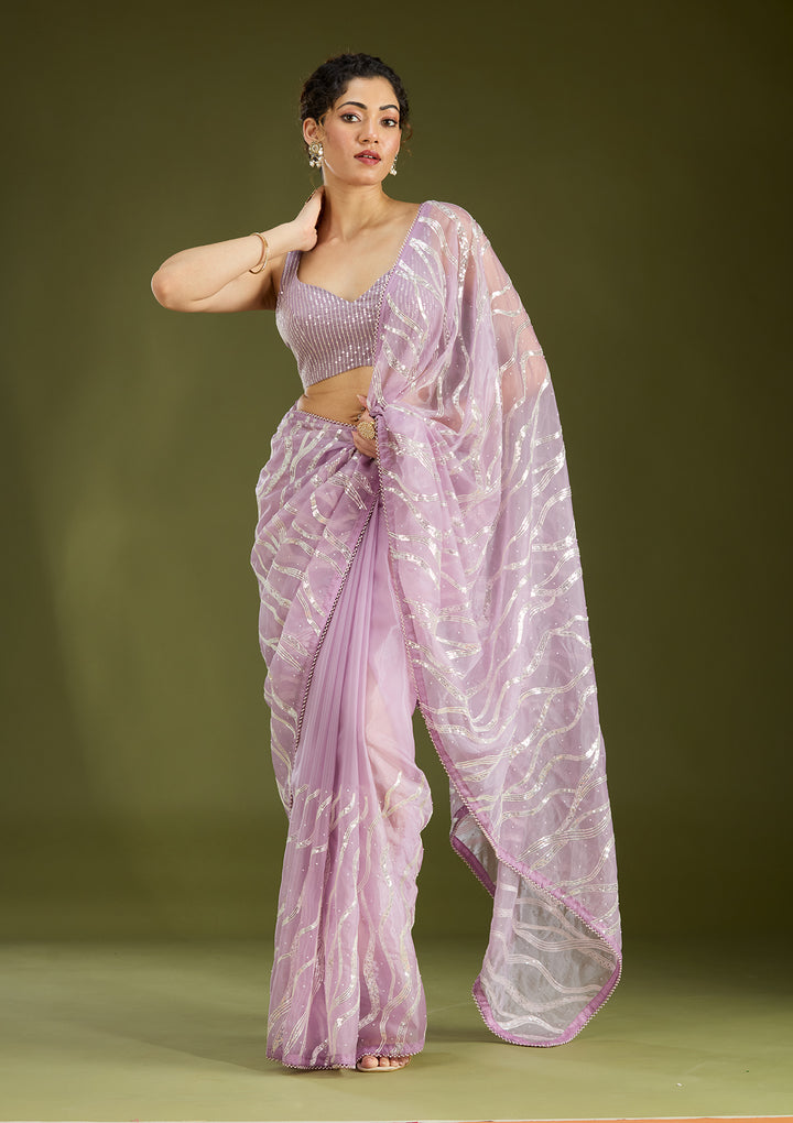 Lavender Pearlwork Organza Saree