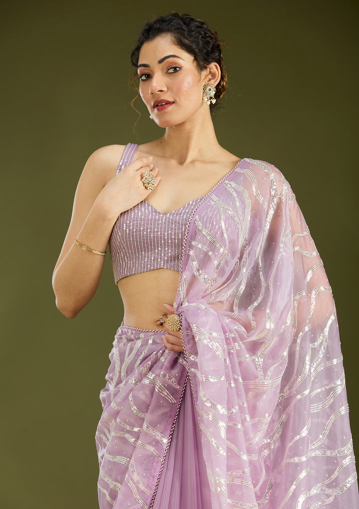 Lavender Pearlwork Organza Saree