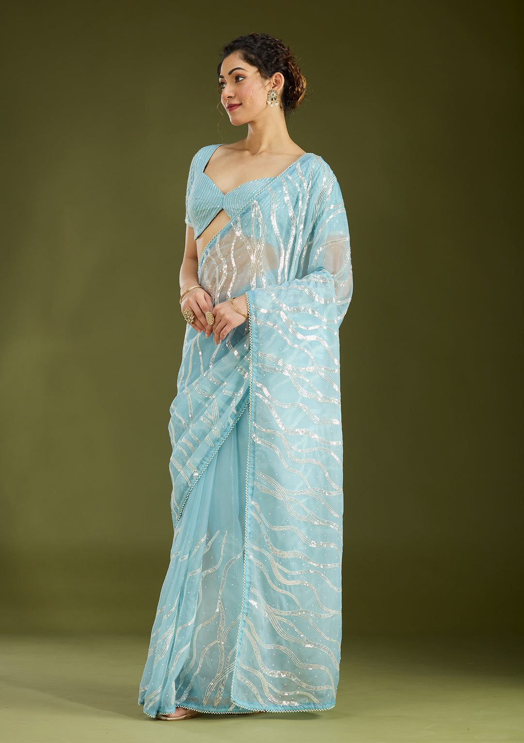Sky Blue Pearlwork Organza Saree