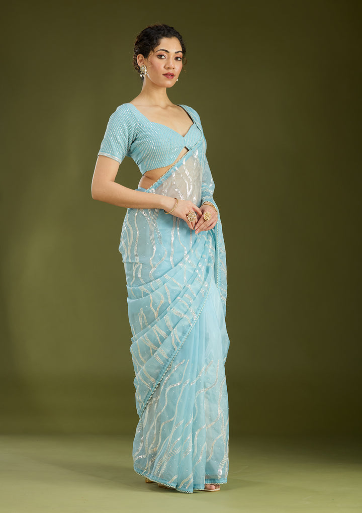 Sky Blue Pearlwork Organza Saree