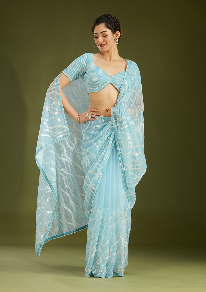 Sky Blue Pearlwork Organza Saree