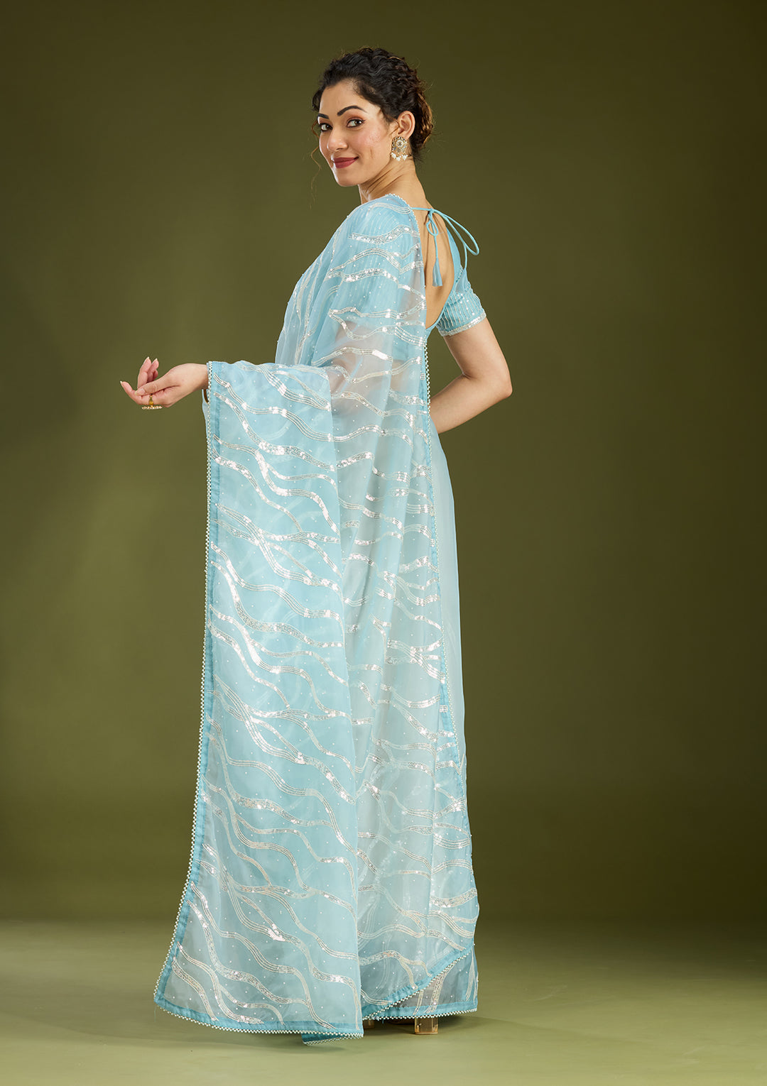 Sky Blue Pearlwork Organza Saree