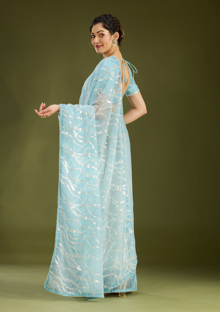 Sky Blue Pearlwork Organza Saree