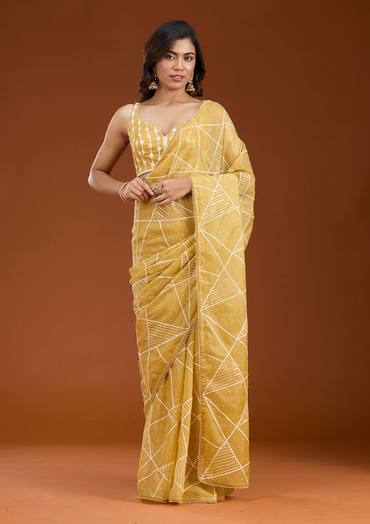 Yellow Pearlwork Tissue Saree