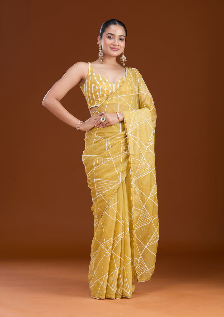 Yellow Pearlwork Tissue Saree