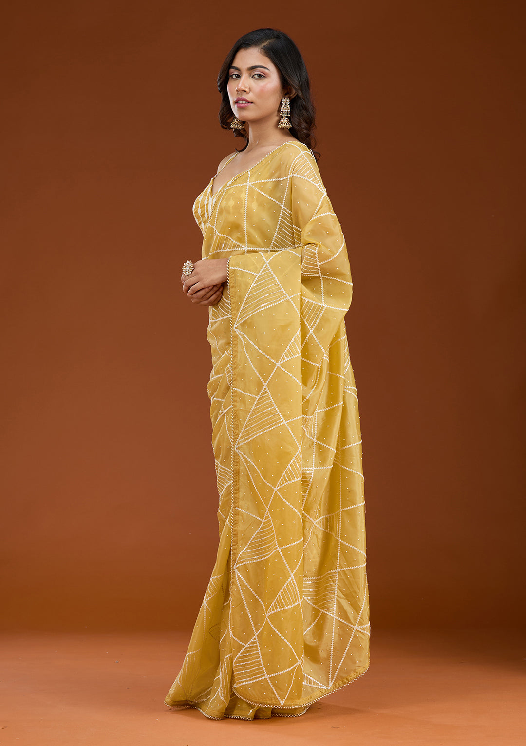 Yellow Pearlwork Tissue Saree