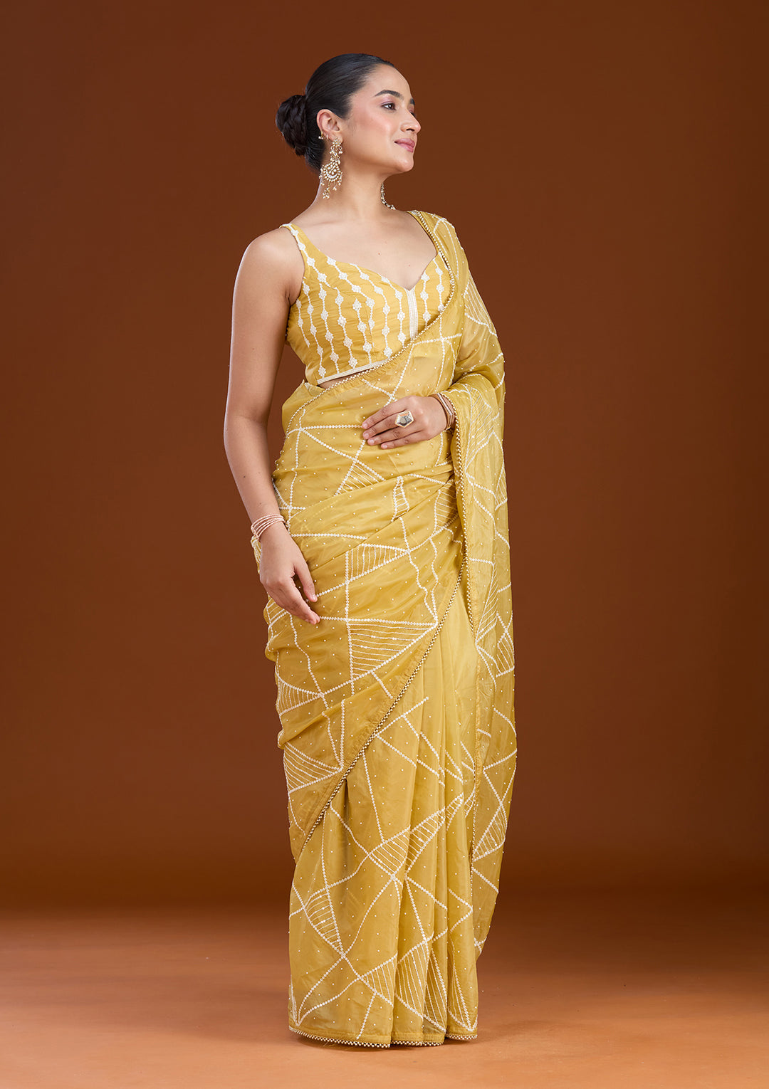 Yellow Pearlwork Tissue Saree