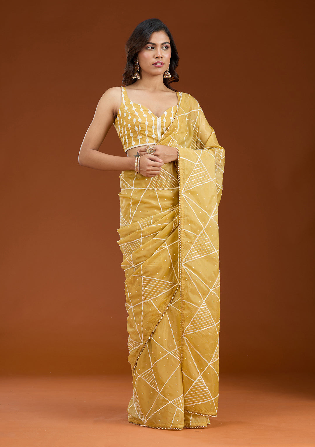 Yellow Pearlwork Tissue Saree