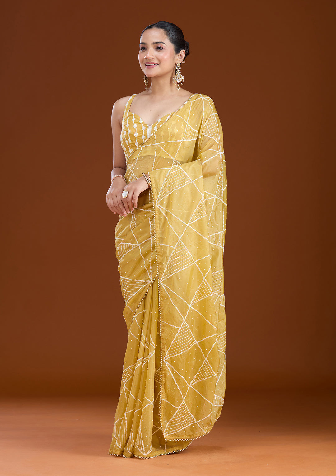 Yellow Pearlwork Tissue Saree