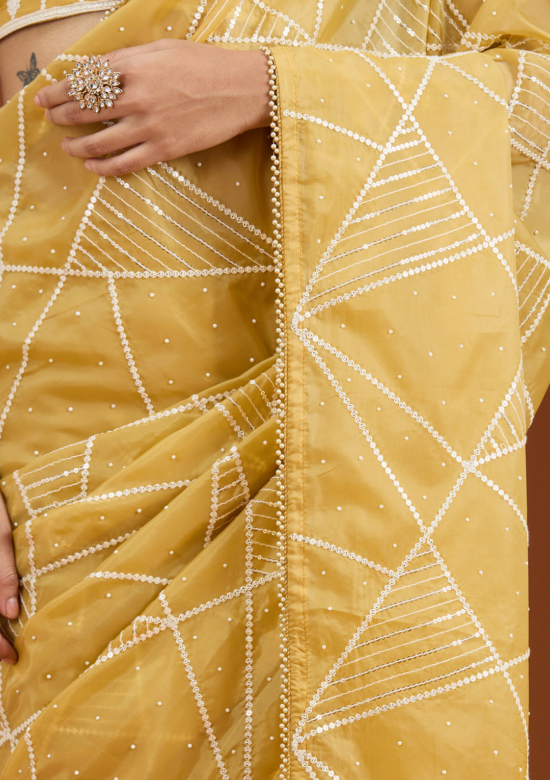 Yellow Pearlwork Tissue Saree