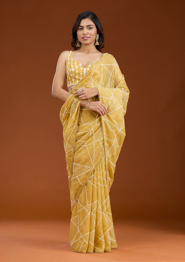 Yellow Pearlwork Tissue Saree