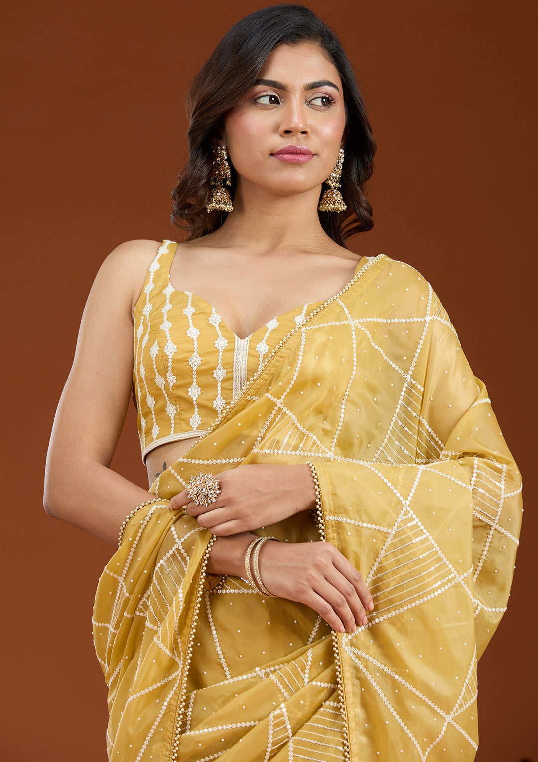 Yellow Pearlwork Tissue Saree