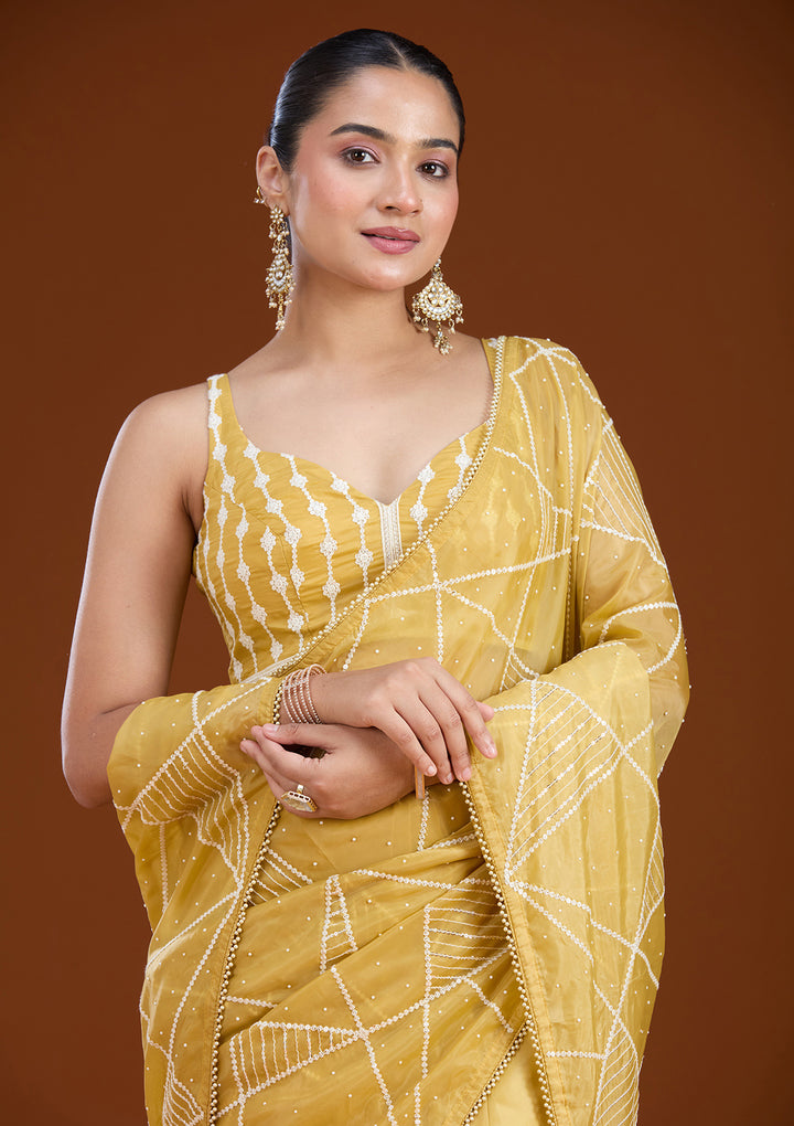 Yellow Pearlwork Tissue Saree