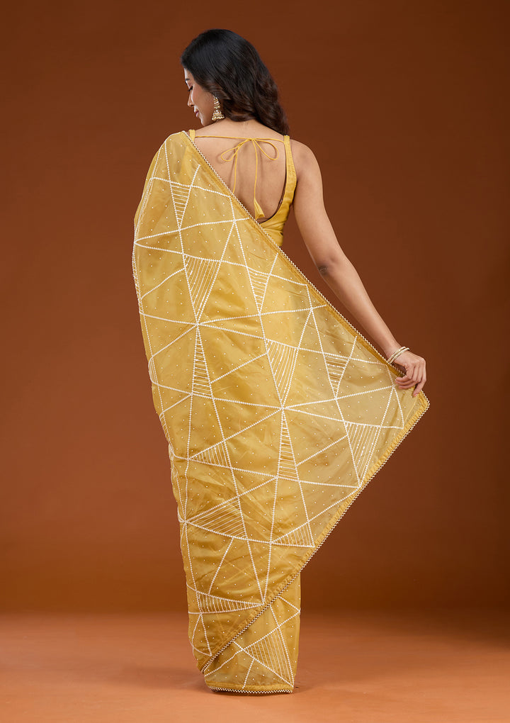 Yellow Pearlwork Tissue Saree