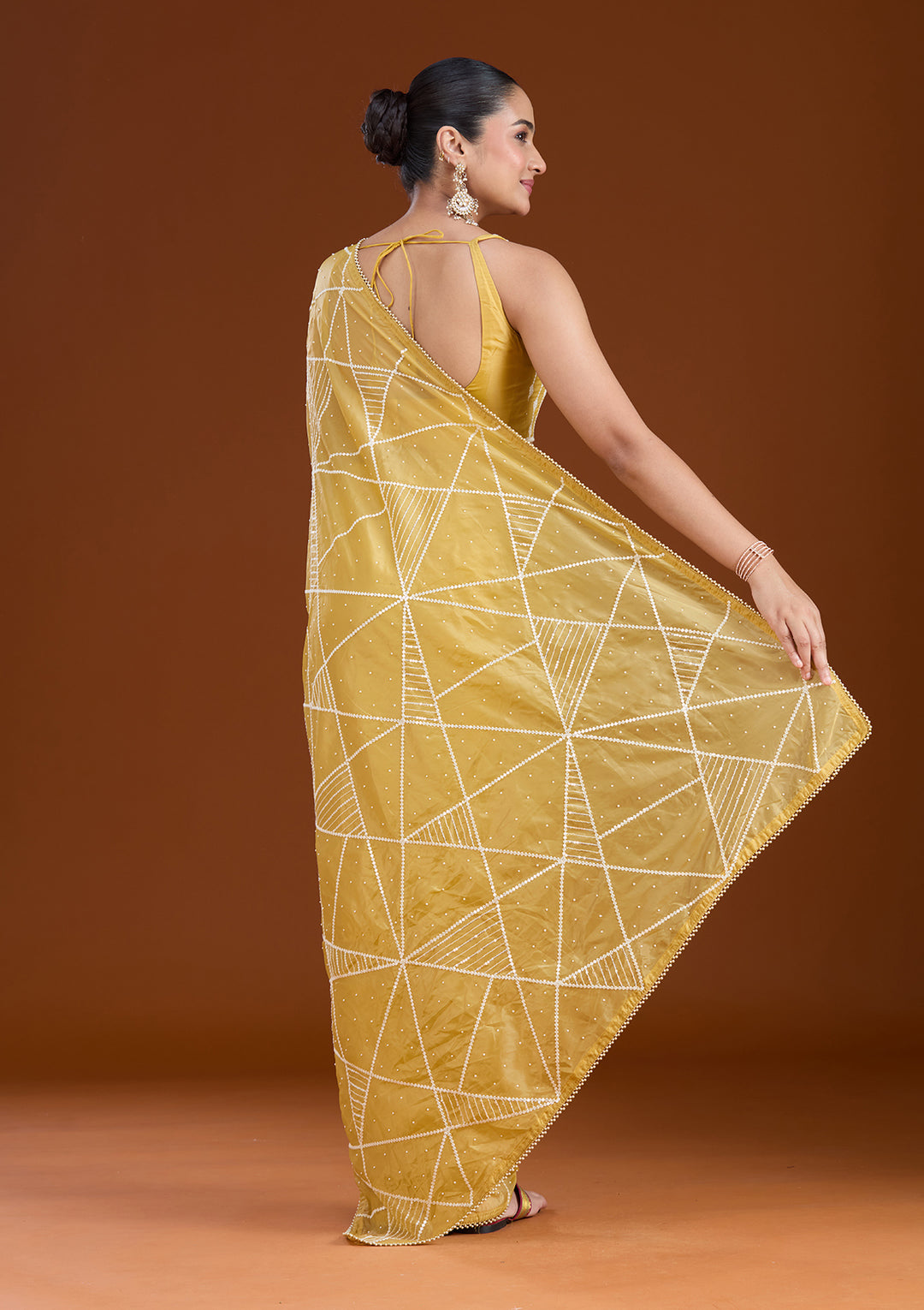 Yellow Pearlwork Tissue Saree