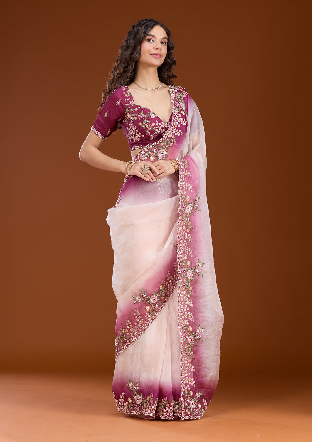 Cream Threadwork Tissue Saree