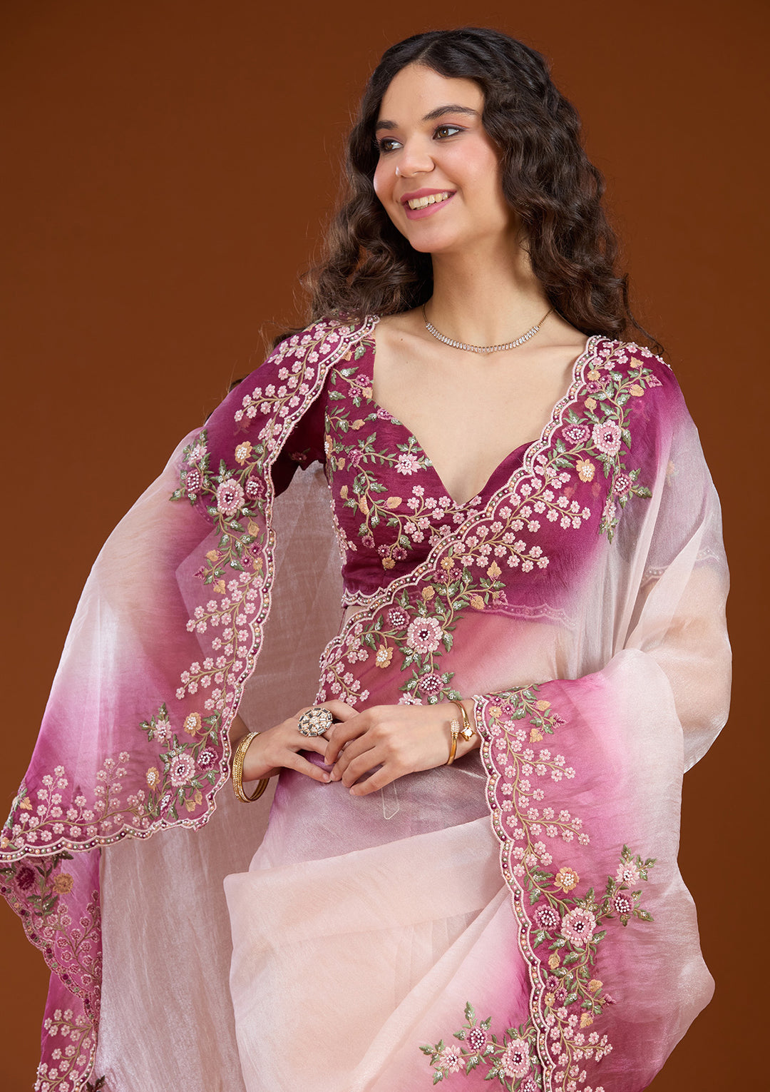 Cream Threadwork Tissue Saree
