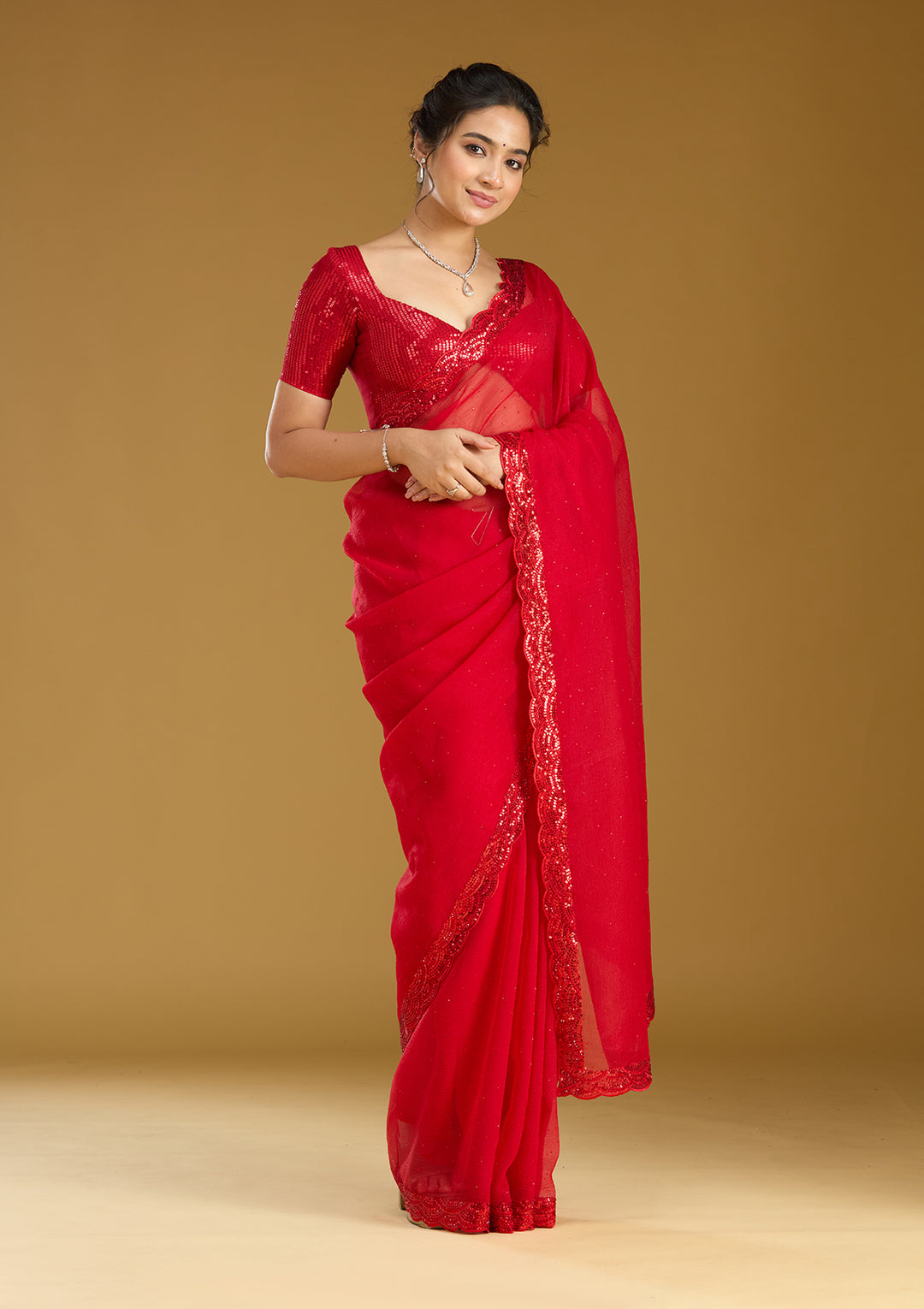 Red Sequins Chiffon Saree