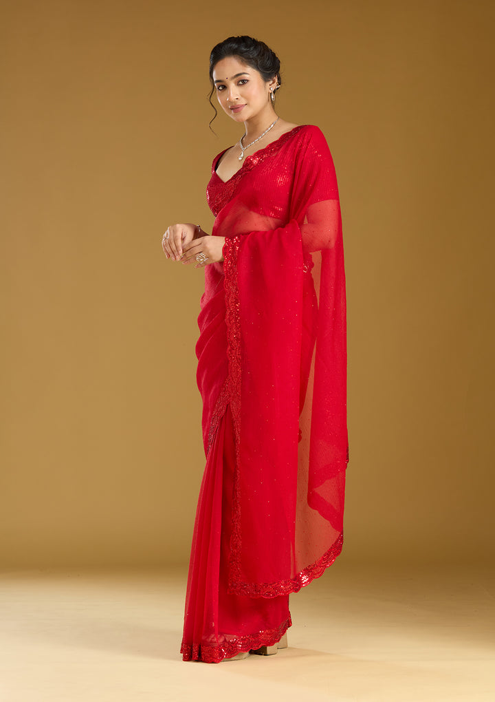 Red Sequins Chiffon Saree
