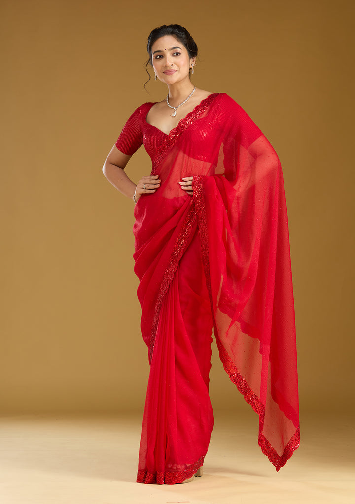 Red Sequins Chiffon Saree