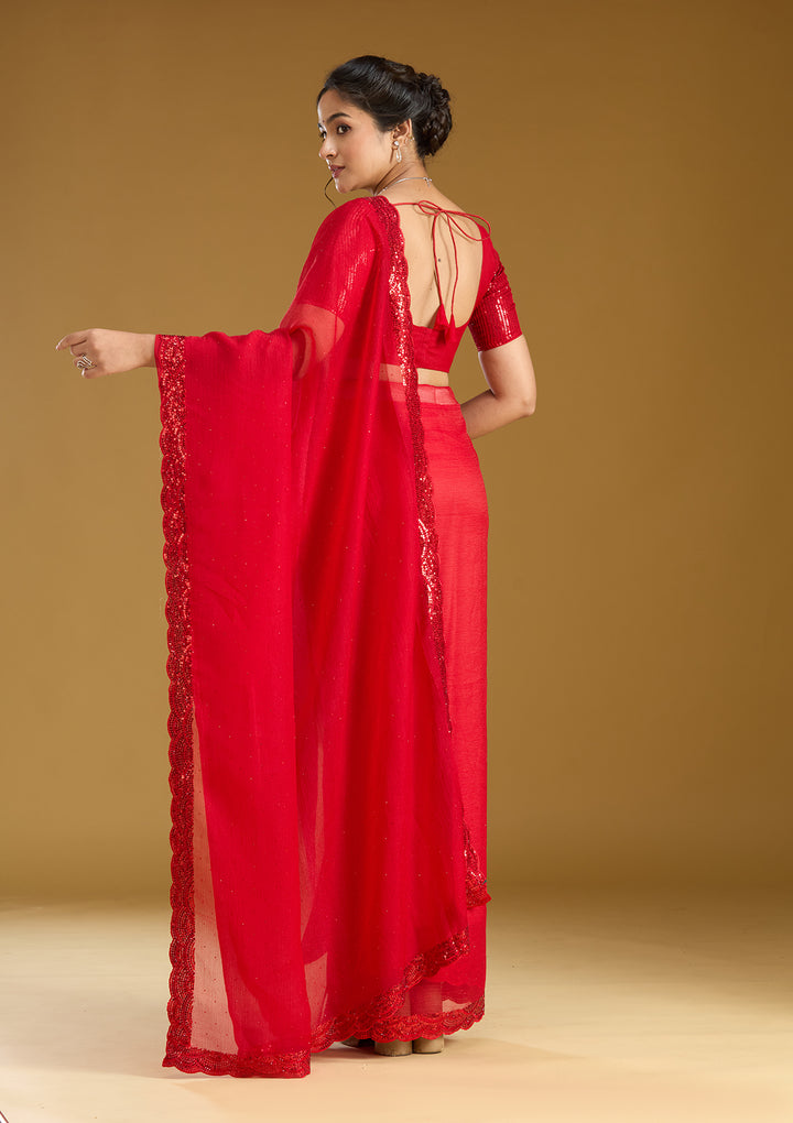 Red Sequins Chiffon Saree