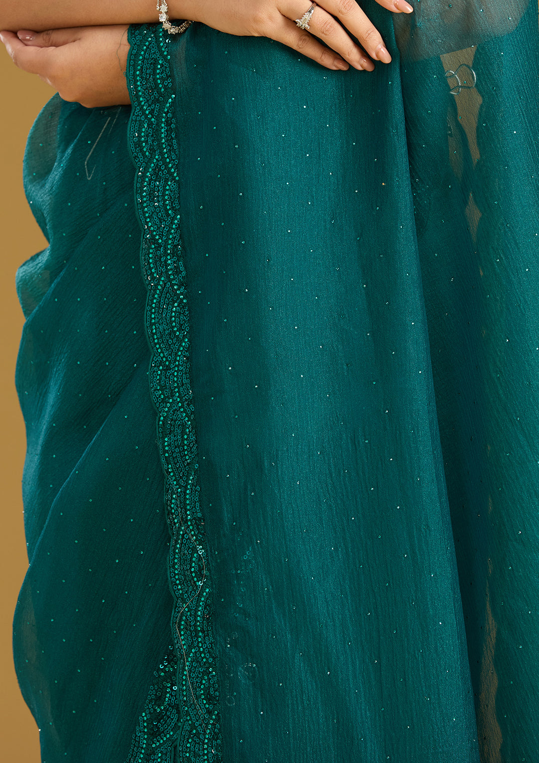 Teal Green Sequins Chiffon Saree