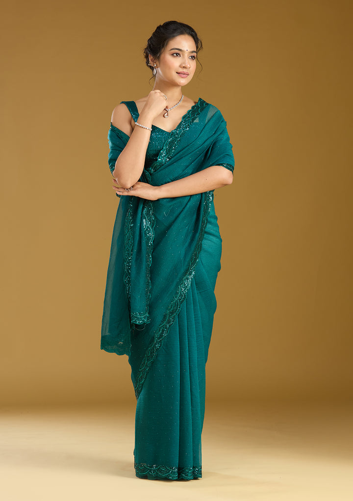Teal Green Sequins Chiffon Saree