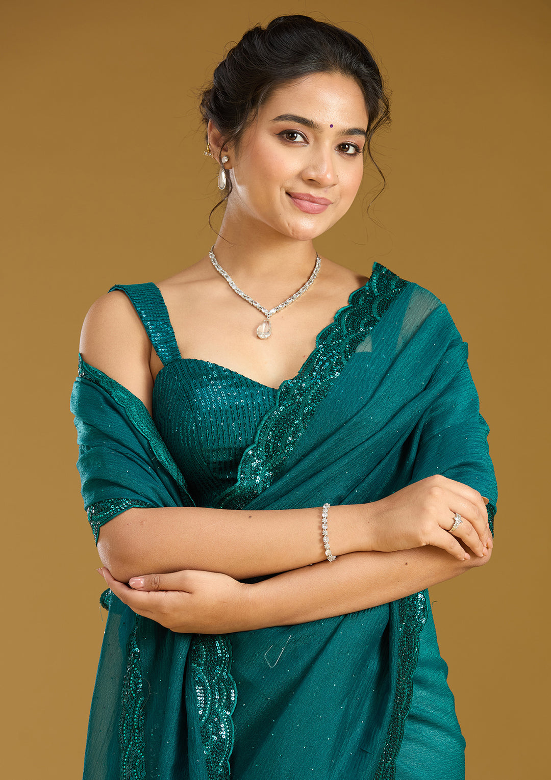 Teal Green Sequins Chiffon Saree