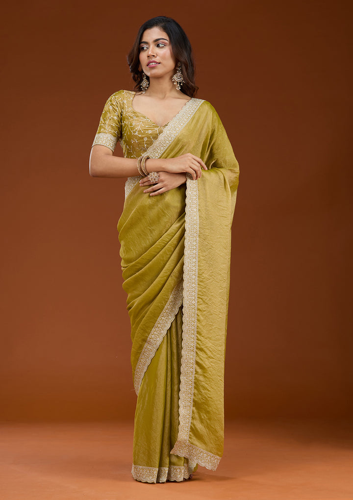 Lime Green Zariwork (Silver) Tissue Saree