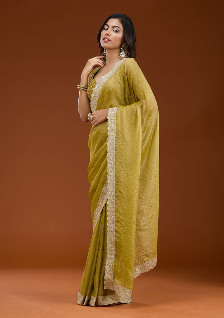 Lime Green Zariwork (Silver) Tissue Saree