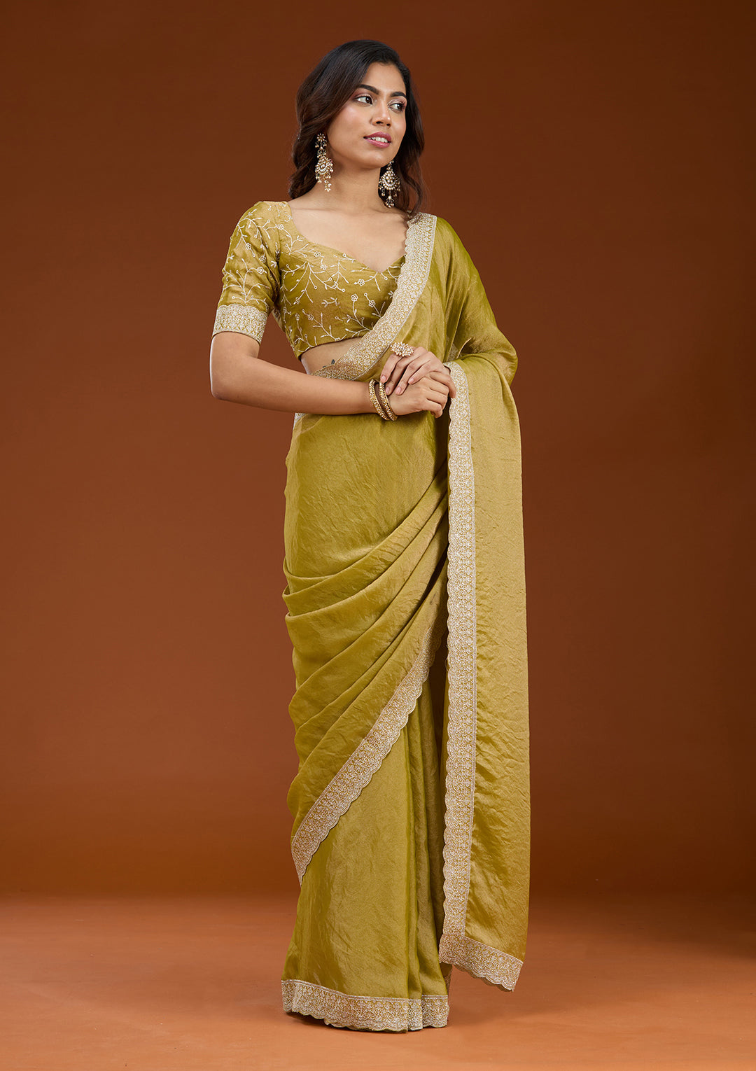Lime Green Zariwork (Silver) Tissue Saree