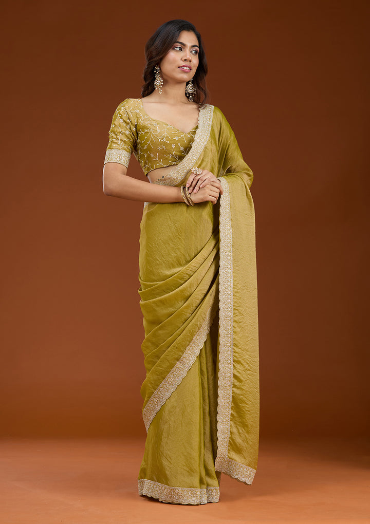 Lime Green Zariwork (Silver) Tissue Saree