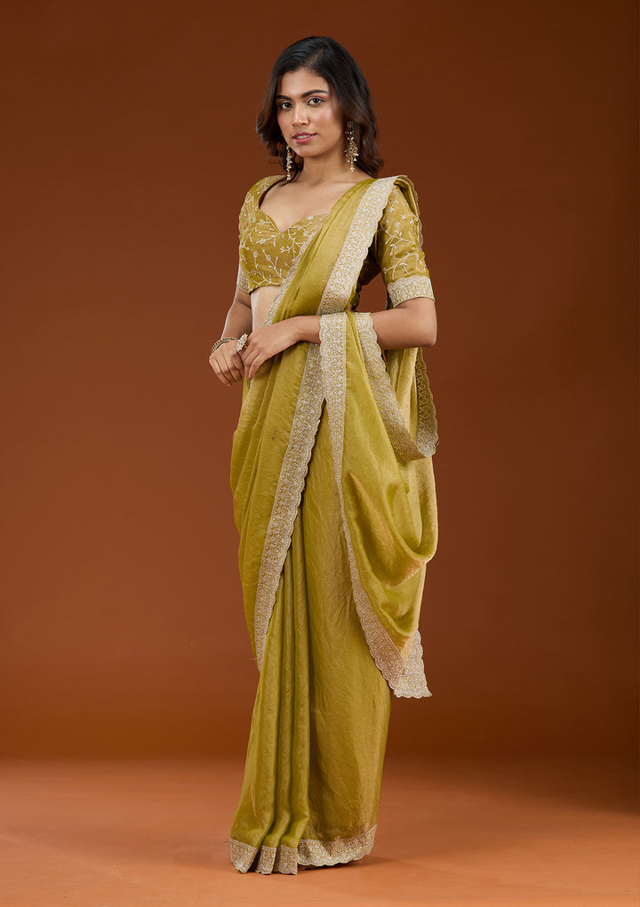 Lime Green Zariwork (Silver) Tissue Saree