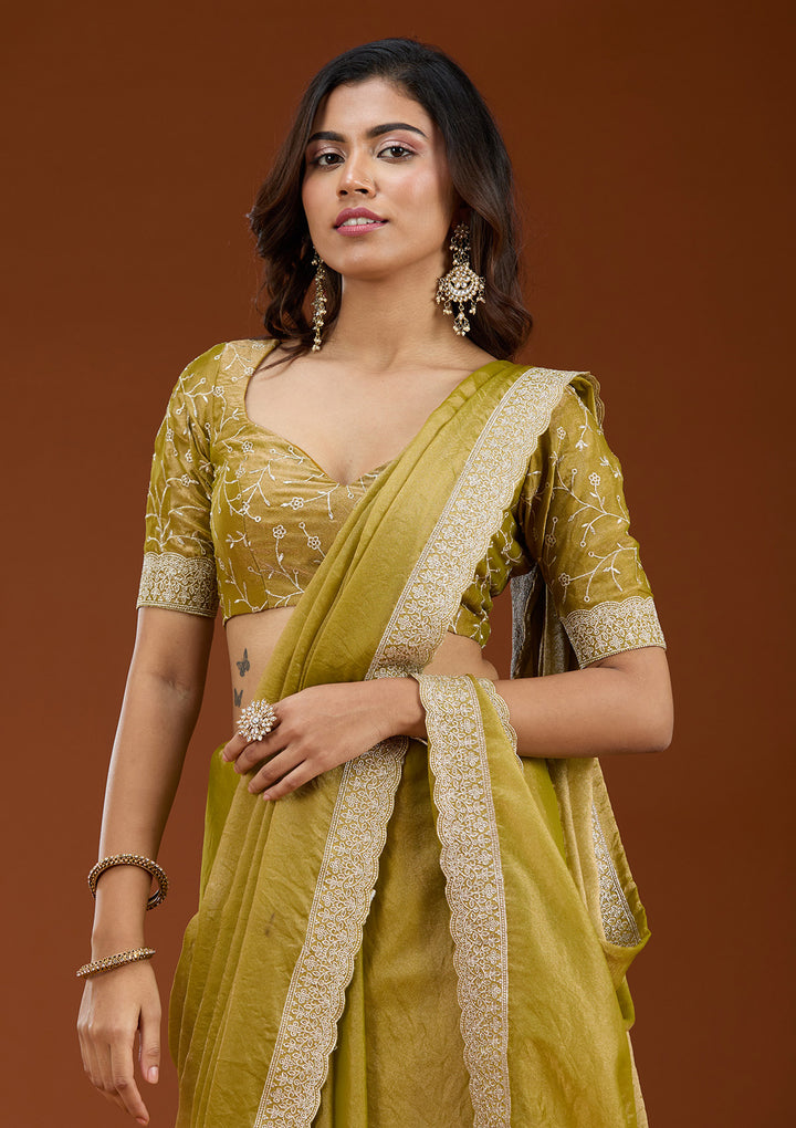 Lime Green Zariwork (Silver) Tissue Saree