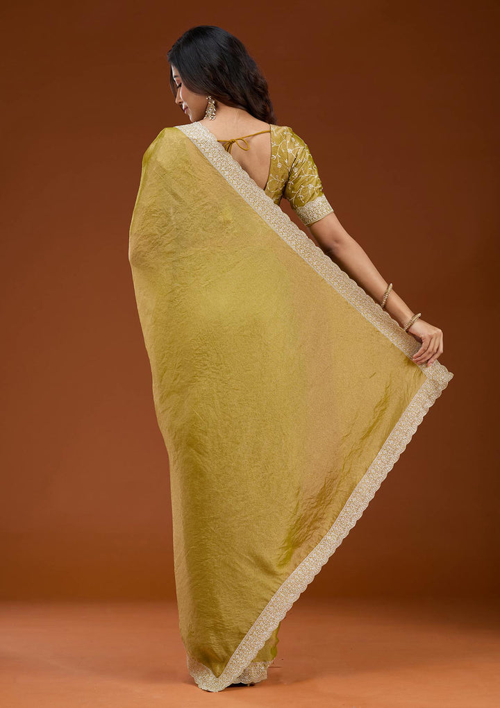 Lime Green Zariwork (Silver) Tissue Saree