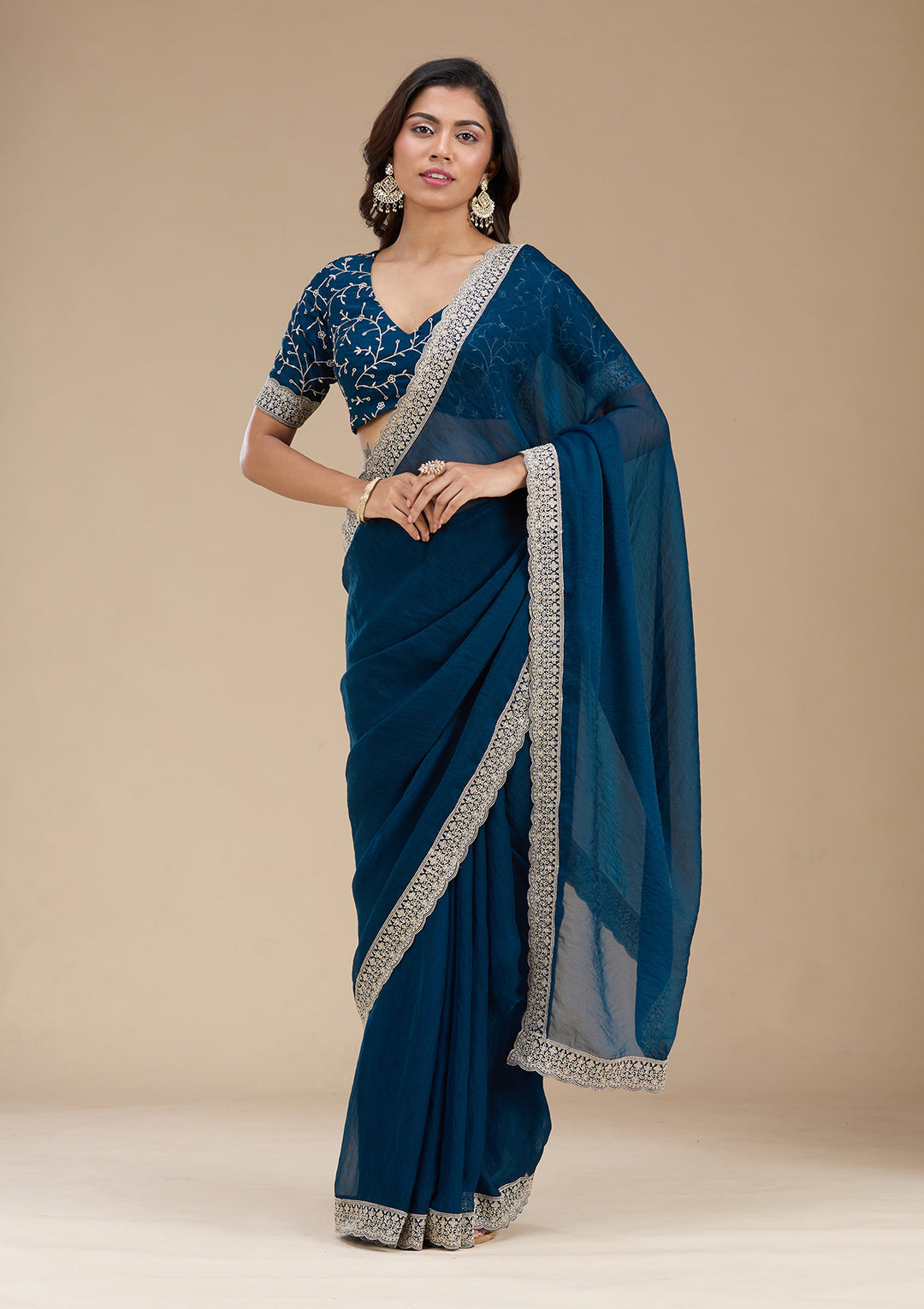 Navy Blue Zariwork (Silver) Tissue Saree