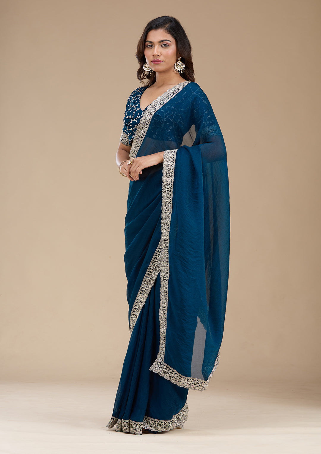 Navy Blue Zariwork (Silver) Tissue Saree