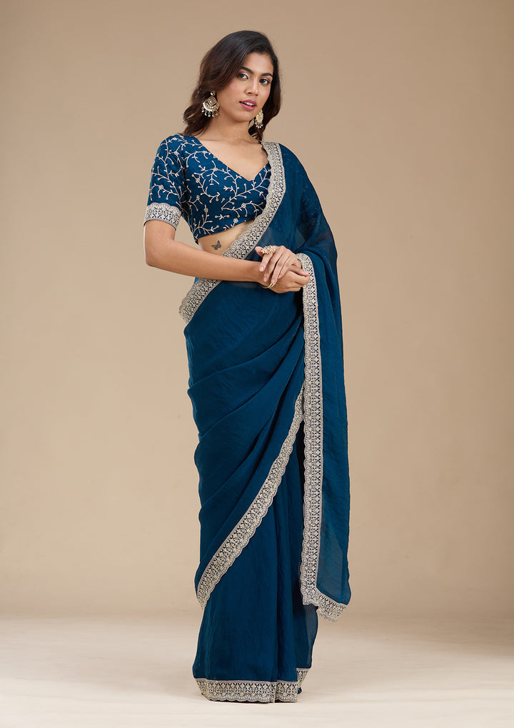 Navy Blue Zariwork (Silver) Tissue Saree