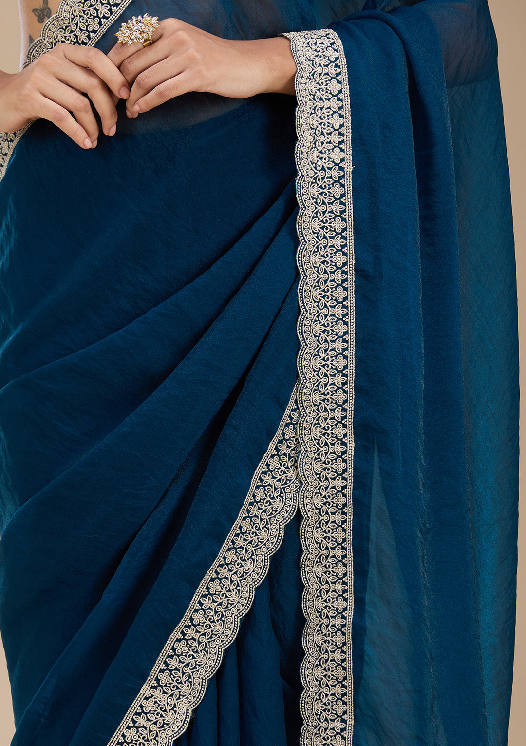 Navy Blue Zariwork (Silver) Tissue Saree