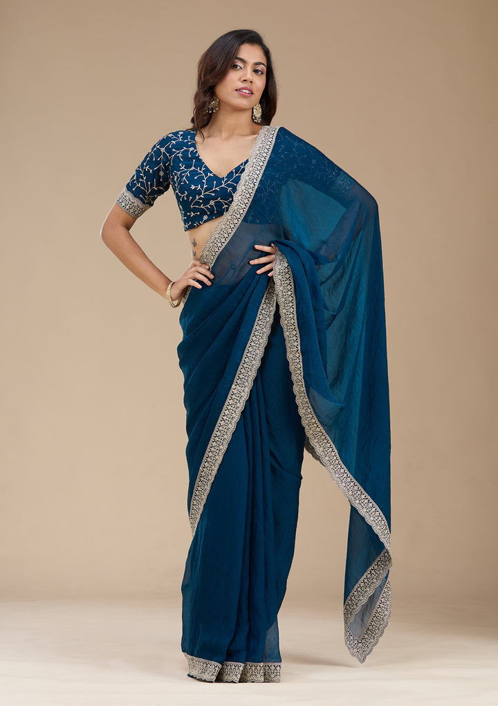 Navy Blue Zariwork (Silver) Tissue Saree