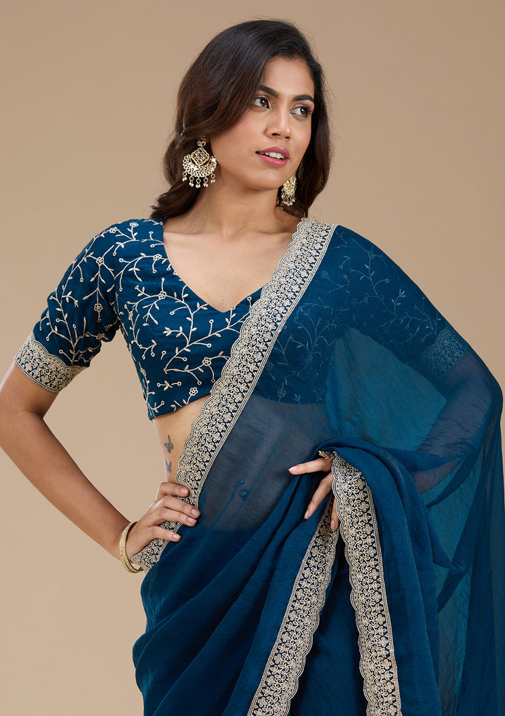 Navy Blue Zariwork (Silver) Tissue Saree