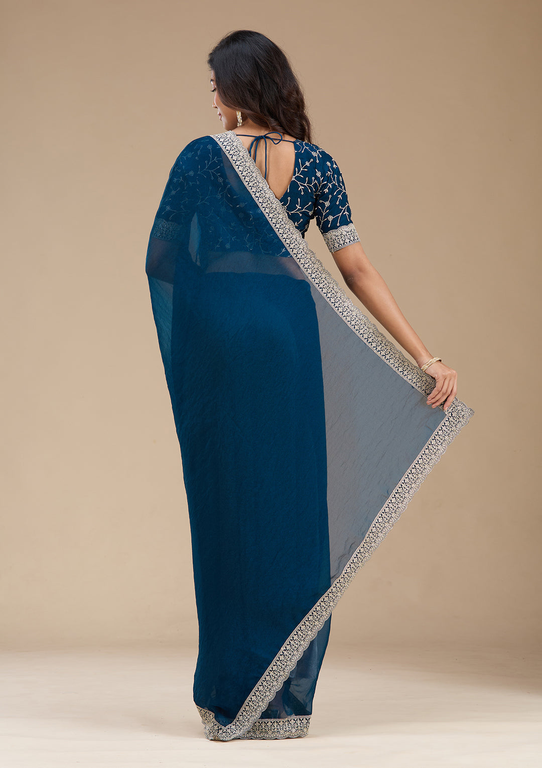Navy Blue Zariwork (Silver) Tissue Saree