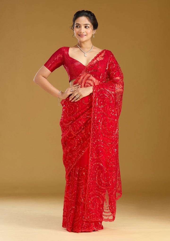 Maroon Sequins Net Saree