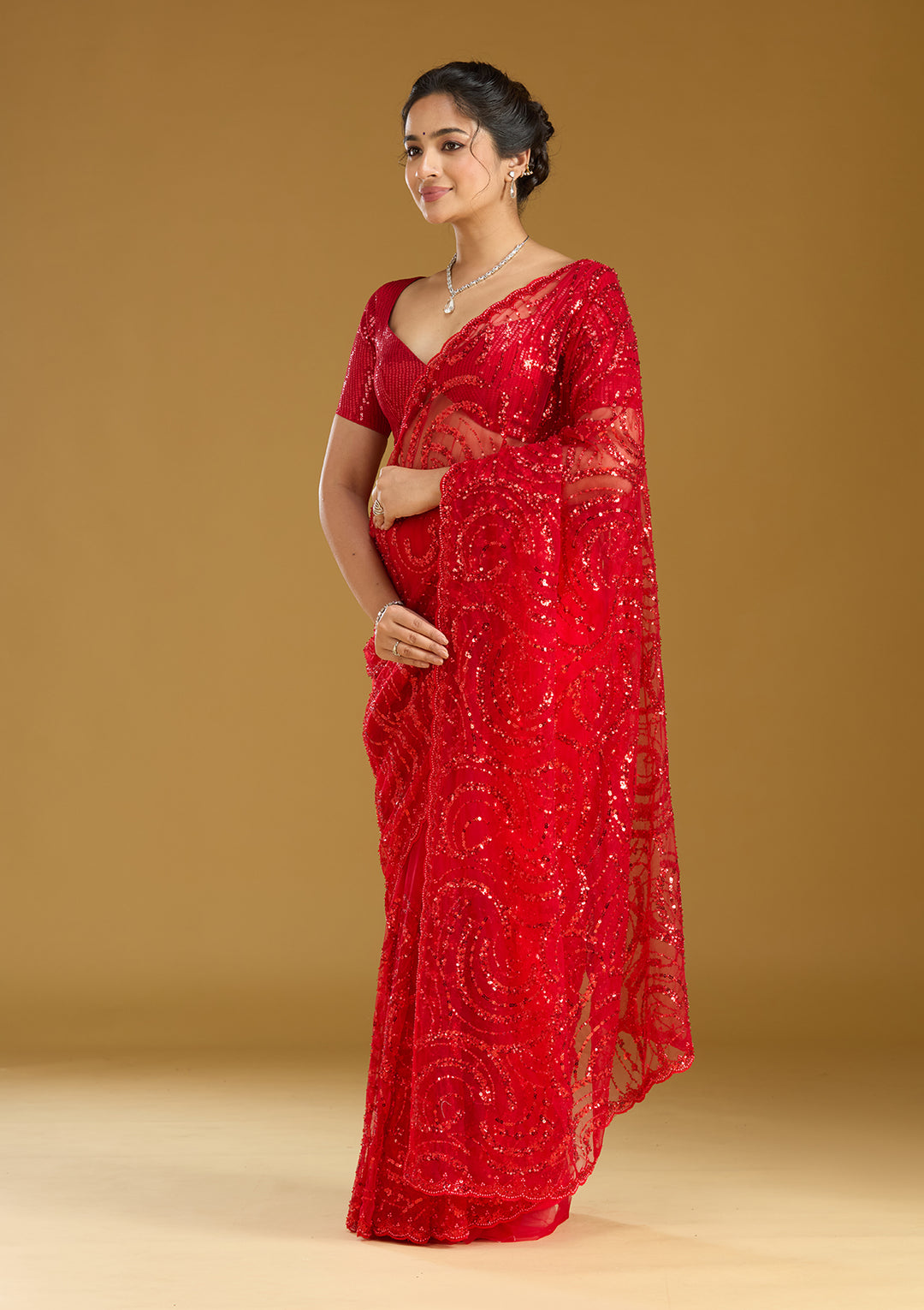 Maroon Sequins Net Saree