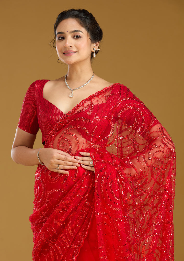 Maroon Sequins Net Saree