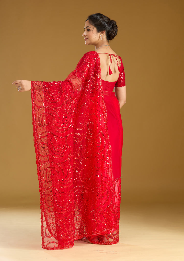 Maroon Sequins Net Saree